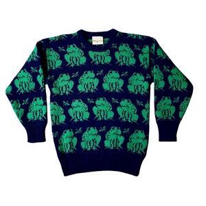 Knit Pics 100% Wool Frog Sweater Pullover Size S Blue Green Long Sleeve Animal